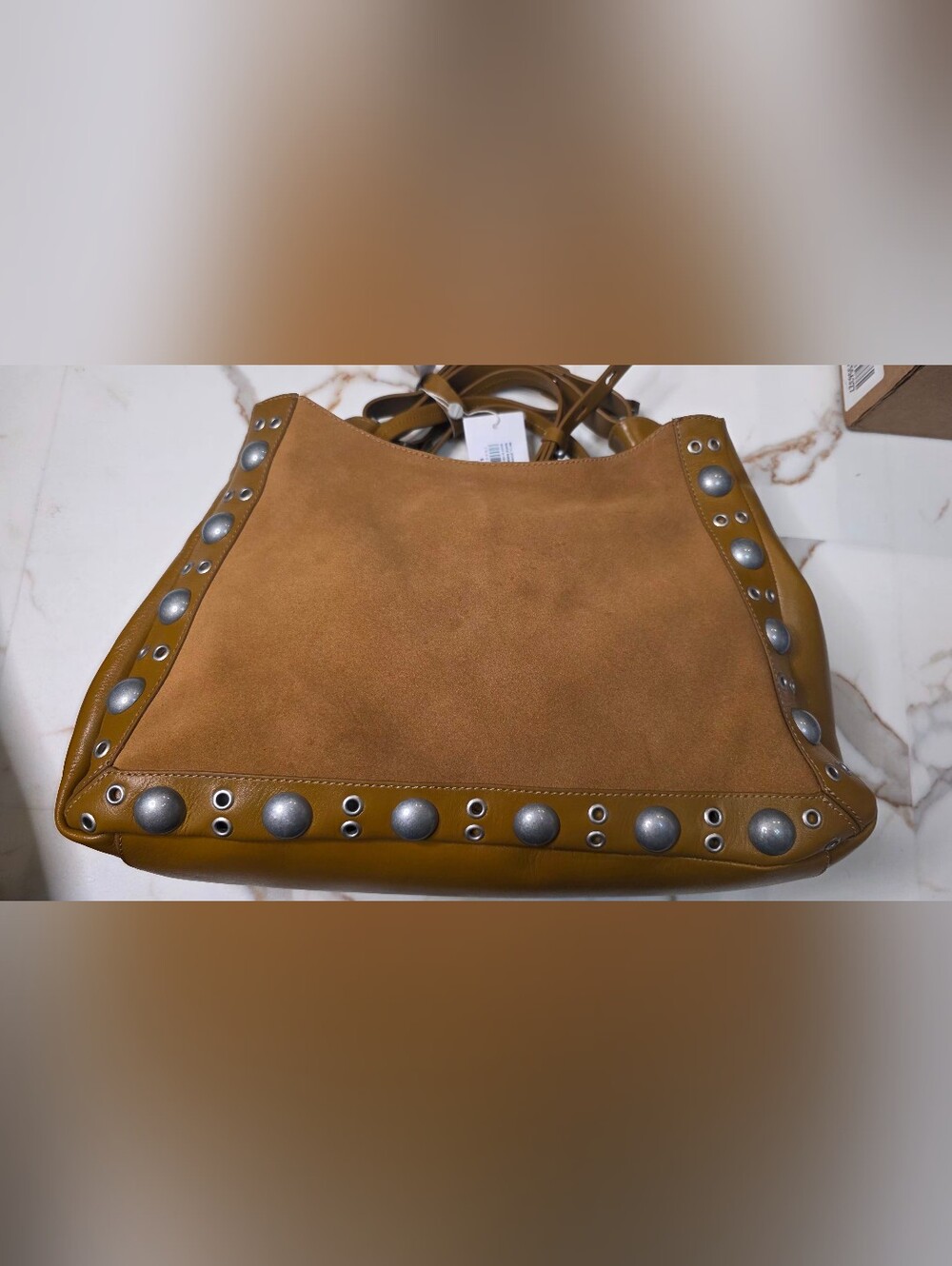 Arezzo Owen Metal Studs Medium Suede Tote Warm Carmel